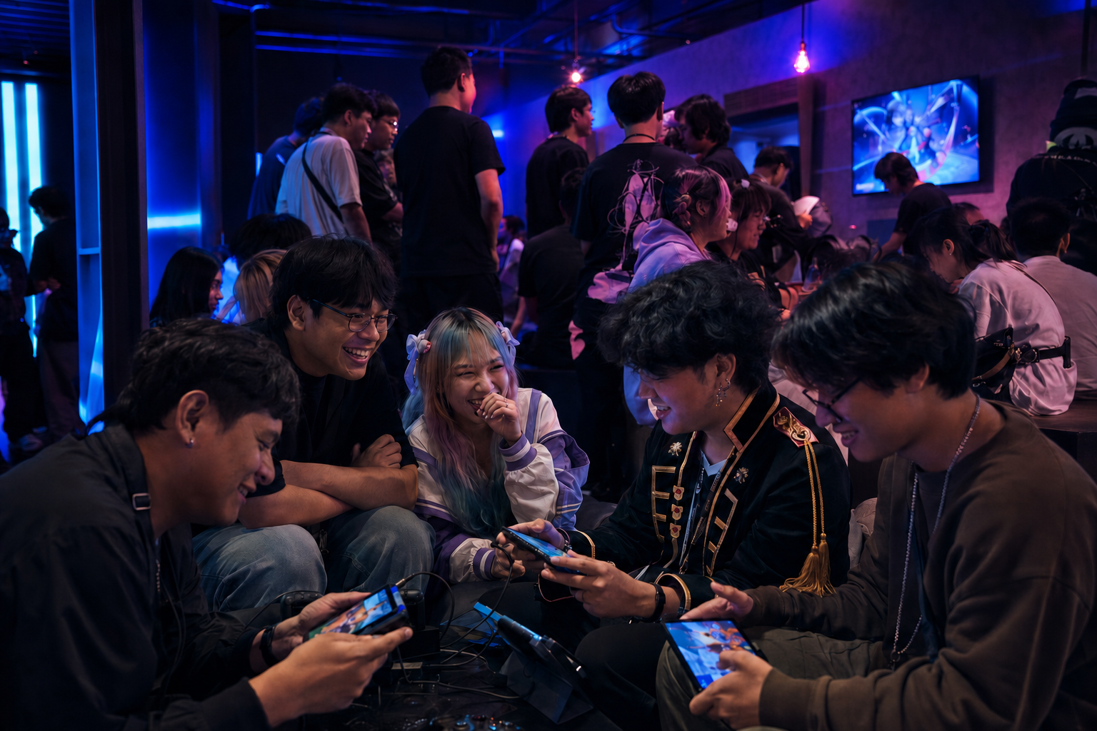 Southeast Asian gaming community gathering at a neon game event
