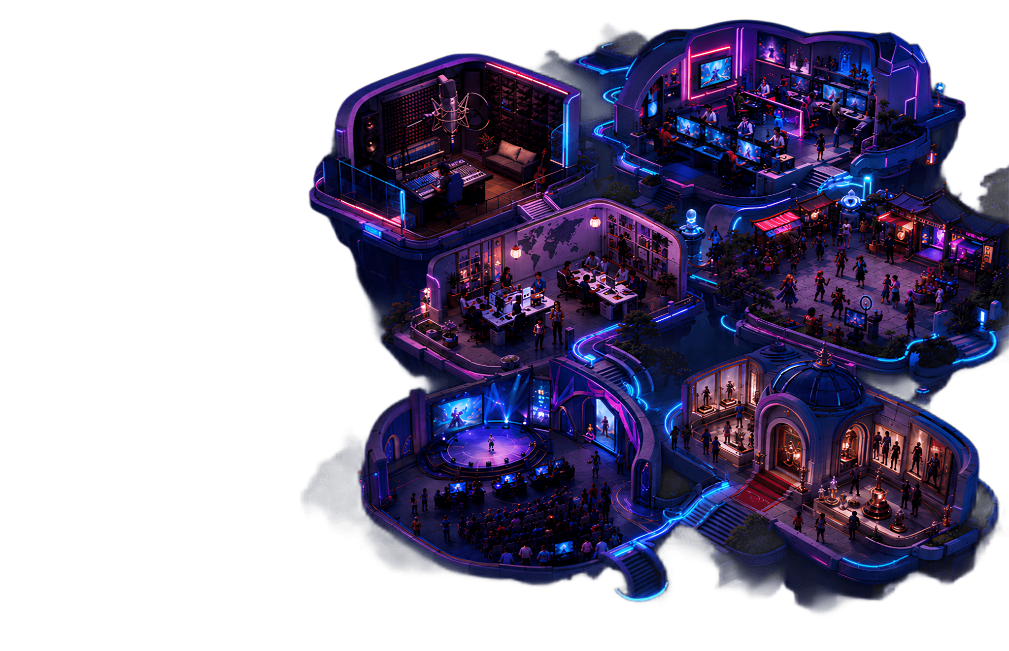 An imaginative connected neon DxT Games world with an audio studio, QA lab, localization office, community market, event hall and hall of fame