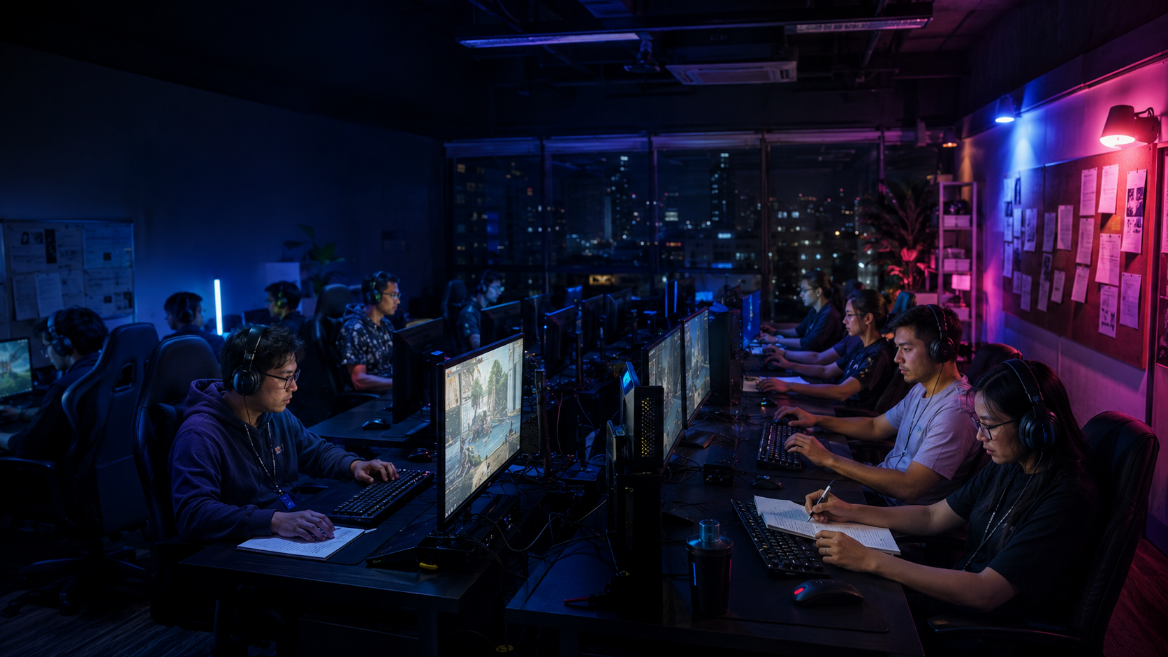 Professional game testing lab with rows of active QA stations